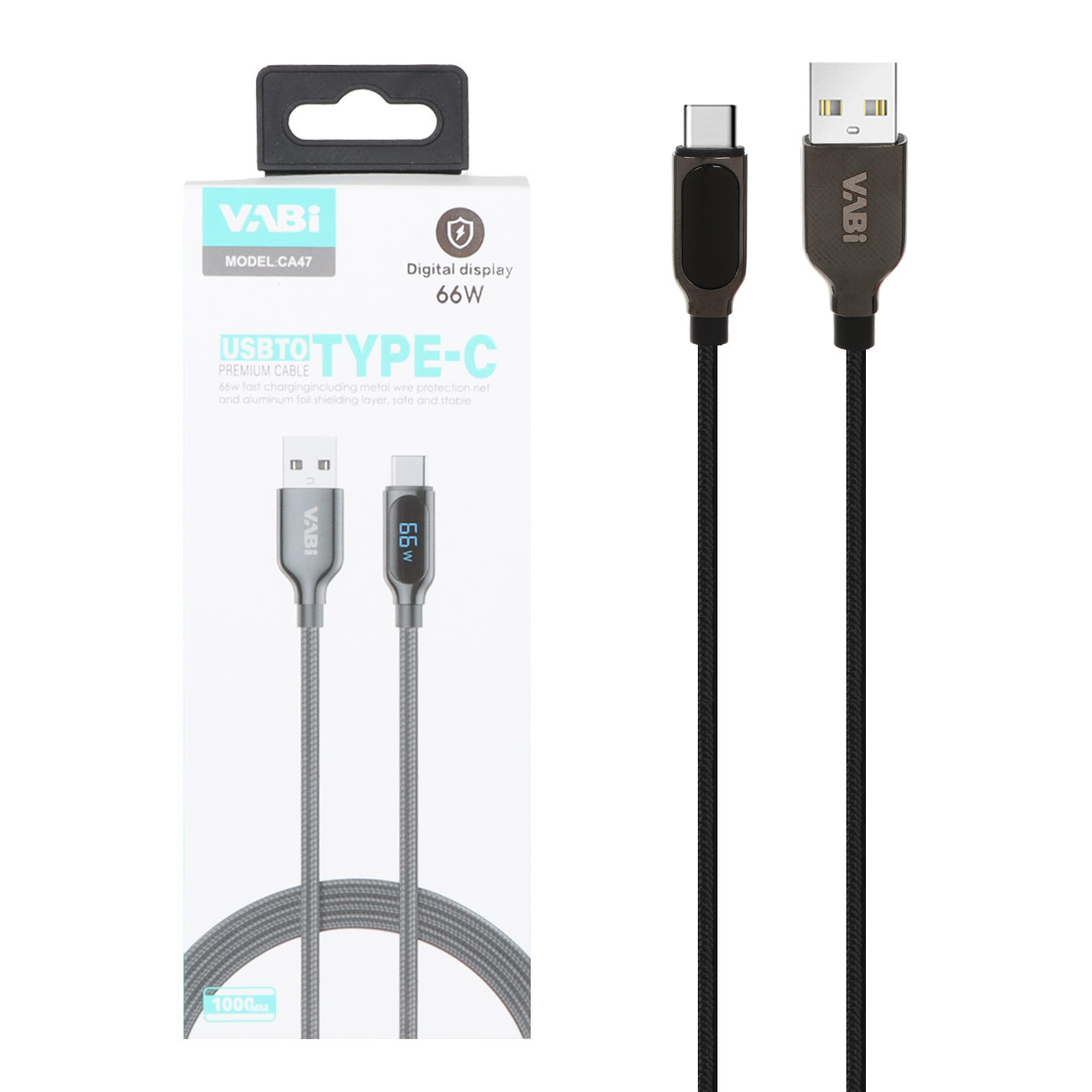 کابل شارژ فست VABI Type-C مدل CA47 66W - مشکی (به همراه نشانگر دیجیتال)